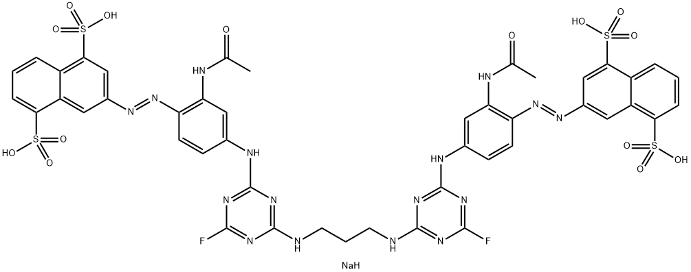 1,5-Naphthalenedisulfonic acid, 3,3-1,3-propanediylbisimino(6-fluoro-1,3,5-triazine-4,2-diyl)imino2-(acetylamino)-4,1-phenyleneazobis-, sodium salt Structure