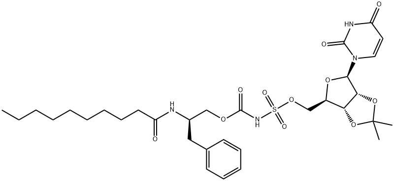 5'-O-(((2-decanoyl-amino-3-hydroxy-3-phenylpropyloxycarbonyl)amino)sulfonyl)-2',3'-O-isopropylideneuridine Structure