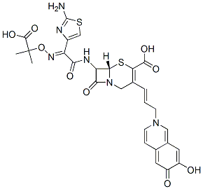 7-(2-(2-aminothiazol-4-yl)-2-(1-carboxy-1-methylethoxyimino)acetamido)-3-(3-(2,6-dihydro-7-hydroxy-6-oxoisoquinolin-2-yl)propen-1-yl)-3-cephem-4-carboxylic acid 结构式