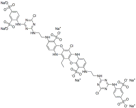 6-Chloro-3,10-bis[2-[4-chloro-6-(2,4-disulfophenylamino)-1,3,5-triazin-2-ylamino]ethylamino]-13-ethylbenzo[5,6][1,4]
oxozino[2,3-b]phenoxazine-4,11-disulphonic acid, sodium salt,151594-21-7,结构式