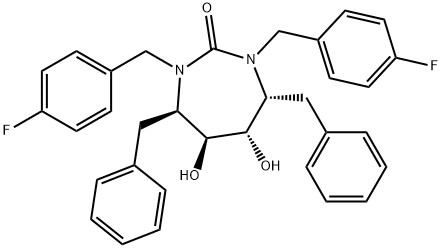 (4R)-1,3-ビス(4-フルオロベンジル)-4α,7β-ジベンジル-5α,6β-ジヒドロキシヘキサヒドロ-2H-1,3-ジアゼピン-2-オン 化学構造式
