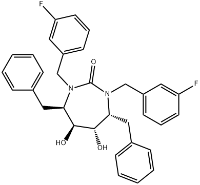 (4R,5S,6S,7R)-4,7-dibenzyl-1,3-bis[(3-fluorophenyl)methyl]-5,6-dihydro xy-1,3-diazepan-2-one Structure
