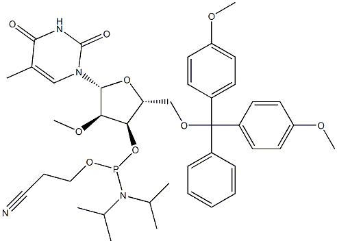 5'-O-[二(4-甲氧基苯基)苯基甲基]-5-甲基-2'-O-甲基尿苷 3'-[2-氰基乙基 二异丙基氨基亚磷酸酯],153631-20-0,结构式