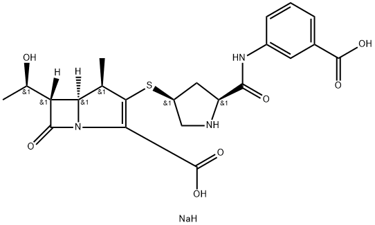 (4R,5S,6S)-3-[[(3S,5S)-5-[(3-カルボキシフェニル)カルバモイル]ピロリジン-3-イル]チオ]-4-メチル-6-[(R)-1-ヒドロキシエチル]-7-オキソ-1-アザビシクロ[3.2.0]ヘプタ-2-エン-2-カルボン酸・ナトリウム 化学構造式