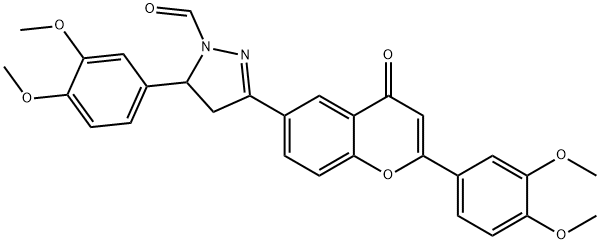 1H-Pyrazole-1-carboxaldehyde, 4,5-dihydro-5-(3,4-dimethoxyphenyl)-3-(2 -(3,4-dimethoxyphenyl)-4-oxo-4H-1-benzopyran-6-yl)- 结构式