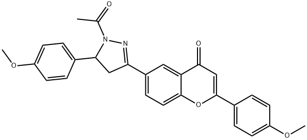 1H-Pyrazole, 4,5-dihydro-1-acetyl-5-(4-methoxyphenyl)-3-(2-(4-methoxyp henyl)-4-oxo-4H-1-benzopyran-6-yl)- Structure