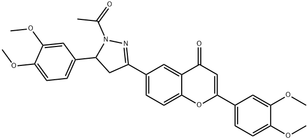 6-[1-acetyl-5-(3,4-dimethoxyphenyl)-4,5-dihydropyrazol-3-yl]-2-(3,4-di methoxyphenyl)chromen-4-one Struktur