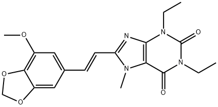 1H-Purine-2,6-dione, 3,7-dihydro-1,3-diethyl-8-(2-(7-methoxy-1,3-benzo dioxol-5-yl)ethenyl)-7-methyl-, (E)- Struktur
