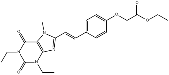 Acetic acid, (4-(2-(1,3-diethyl-2,3,6,7-tetrahydro-7-methyl-2,6-dioxo- 1H-purin-8-yl)ethenyl)phenoxy)-, ethyl ester, (E)- Struktur