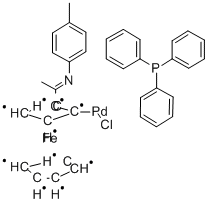 CHLORO[2-[1-[(4-METHYLPHENYL)IMINO]ETHYL]FERROCENYL-C,N](TRIPHENYLPHOSPHINE)-PALLADIUM Structure