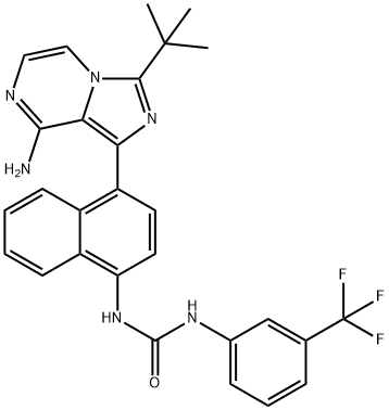 1-(4-(8-アミノ-3-(TERT-ブチル)イミダゾ[1,5-A]ピラジン-1-イル)ナフタレン-1-イル)-3-(3-(トリフルオロメチル)フェニル)尿素 化学構造式