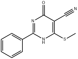 4-(METHYLTHIO)-6-OXO-2-PHENYL-1,6-DIHYDROPYRIMIDINE-5-CARBONITRILE, 15908-64-2, 结构式