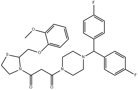 1-[4-[bis(4-fluorophenyl)methyl]piperazin-1-yl]-3-[2-[(2-methoxyphenox y)methyl]thiazolidin-3-yl]propane-1,3-dione,161364-79-0,结构式