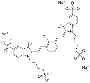 3,3-二甲基-2-[2-[2-氯-3-[2-[1,3-二氢-3,3-二甲基-5-磺酸基-1-(4-磺酸基丁基)-2H-吲哚-2-亚基]乙亚基]-1-环己烯-1-基]乙烯基]-5-磺酸基-1-(4-磺酸基丁基)-3H-吲哚内盐三钠盐, 162093-39-2, 结构式