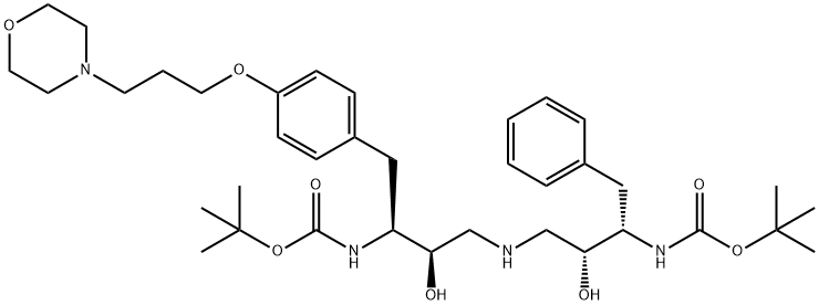 12-Oxa-2,6,10-triazatetradecanoic acid, 4,8-dihydroxy-13,13-dimethyl-3 -[[4-[3-(4-morpholinyl)propoxy]phenyl]methyl]-11-oxo-9-(phenylmethyl)- , 1,1-dimethylethyl ester, [3S-(3R*,4S*,8S*,9R*)]- 结构式