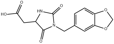 [1-(1,3-Benzodioxol-5-ylmethyl)-2,5-dioxoimidazolidin-4-yl]acetic acid 化学構造式