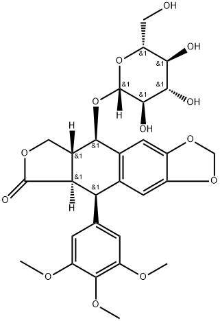 9-(β-D-グルコピラノシルオキシ)-5,8,8a,9-テトラヒドロ-5-(3,4,5-トリメトキシフェニル)フロ[3',4':6,7]ナフト[2,3-d]-1,3-ジオキソール-6(5aH)-オン 化学構造式