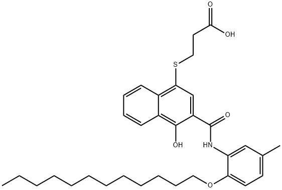 3-[3-(2-dodecyloxy-5-methylphenylcarbamoyl)-4-hydroxy-1-naphthylthio]propionic acid 化学構造式