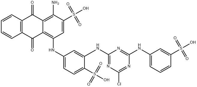 1-アミノ-4-[[3-[[4-クロロ-6-(3-スルホフェニルアミノ)-1,3,5-トリアジン-2-イル]アミノ]-4-スルホフェニル]アミノ]-9,10-ジヒドロ-9,10-ジオキソ-2-アントラセンスルホン酸 化学構造式