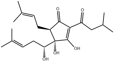 3,4-ジヒドロキシ-4-(1-ヒドロキシ-4-メチル-3-ペンテニル)-5-(3-メチル-2-ブテニル)-2-(3-メチル-1-オキソブチル)-2-シクロペンテン-1-オン 化学構造式