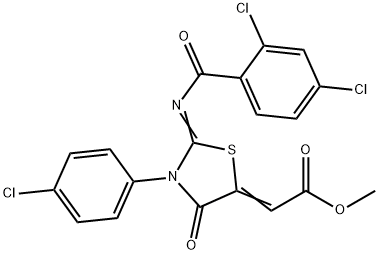 2-[3-(4-Chlorophenyl)-2-[(2,4-dichlorobenzoyl)imino]-4-oxo-5-thiazolidinylidene]-aceticacidmethylester 结构式