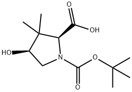 (2S,4S)-N-Boc-4-hydroxy-3,3-dimethylpyrrolidine-2-carboxylic acid 化学構造式
