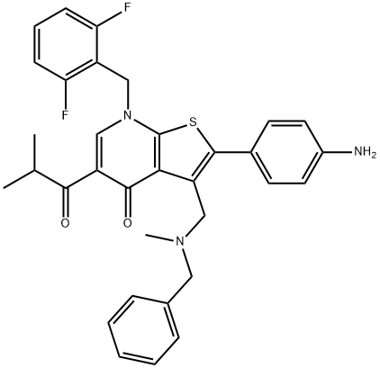 2-(4-Amino-phenyl)-3-[(benzyl-methyl-amino)-methyl]-7-(2,6-difluoro-benzyl)-5-isobutyryl-7H-thieno[2,3-b]pyridin-4-one|2-(4-Amino-phenyl)-3-[(benzyl-methyl-amino)-methyl]-7-(2,6-difluoro-benzyl)-5-isobutyryl-7H-thieno[2,3-b]pyridin-4-one