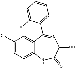 7-Chloro-5-(2-fluorophenyl)-1,3-dihydro-3-hydroxy-2H-1,4-benzodiazepin-2-one 化学構造式