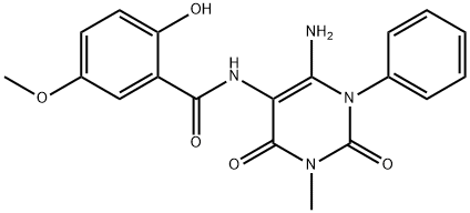 Benzamide,  N-(6-amino-1,2,3,4-tetrahydro-3-methyl-2,4-dioxo-1-phenyl-5-pyrimidinyl)-2-hydroxy-5-methoxy- Structure