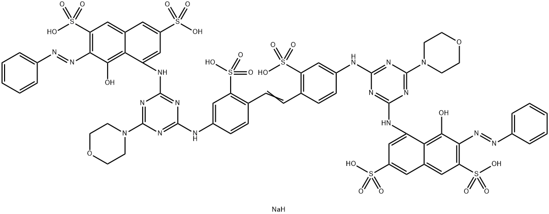4,4'-[1,2-エテンジイルビス[(3-ソジオスルホ-4,1-フェニレン)イミノ[6-(4-モルホリニル)-1,3,5-トリアジン-4,2-ジイル]イミノ]]ビス[5-ヒドロキシ-6-(フェニルアゾ)-2,7-ナフタレンジスルホン酸ジナトリウム] 化学構造式