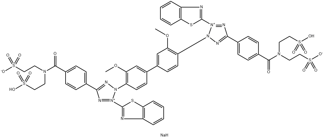 2,2′-(3,3′-ジメトキシ-4,4′-ビフェニリレン)ビス[3-(2-ベンゾチアゾリル)-5-[4-[N-[2-(ソジオオキシスルホニル)エチル]-N-(2-スルホエチル)カルバモイル]フェニル]-2H-テトラゾール-3-イウム] 化学構造式