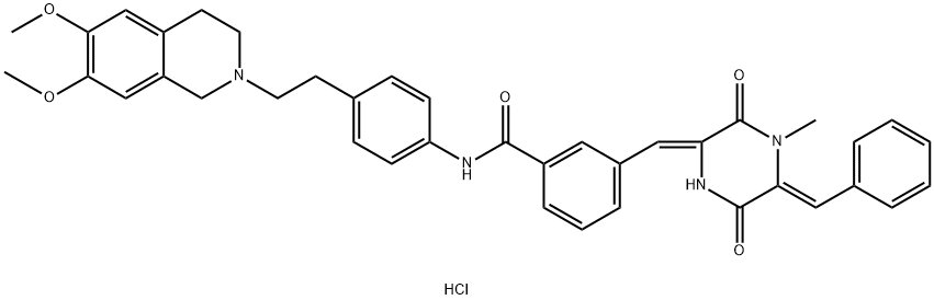 N-[4-[2-(3,4-Dihydro-6,7-dimethoxy-2(1H)-isoquinolinyl)ethyl]phenyl]-3-[(Z)-[(5Z)-4-methyl-3,6-dioxo-5-(phenylmethylene)piperazinylidene]methyl]benzamidehydrochloride Struktur