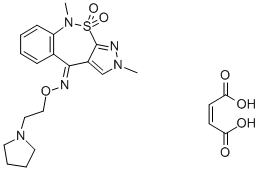 2H-Pyrazolo(3,4-c)(2,1)benzothiazepin-4(9H)-one, 2,9-dimethyl-, O-(2-( 1-pyrrolidinyl)ethyl)oxime, 10,10-dioxide, (Z)-2-butenedioate (1:1),181145-48-2,结构式