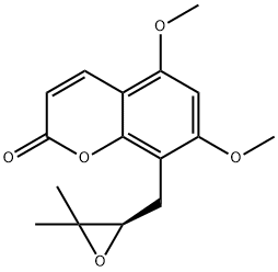 (+)-8-[(3,3-ジメチルオキシラン-2-イル)メチル]-5,7-ジメトキシ-2H-1-ベンゾピラン-2-オン 化学構造式