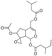 3-Methylvaleric acid 6-acetyloxy-4a,5,6,7a-tetrahydro-4-[(3-methyl-1-oxobutoxy)methyl]spiro[cyclopenta[c]pyran-7(1H),2'-oxiran]-1-yl ester Struktur