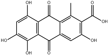 9,10-ジヒドロ-9,10-ジオキソ-1-メチル-3,5,6,8-テトラヒドロキシアントラセン-2-カルボン酸 化学構造式