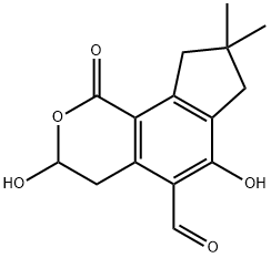 1,3,4,7,8,9-ヘキサヒドロ-3,6-ジヒドロキシ-8,8-ジメチル-1-オキソシクロペンタ[h]-2-ベンゾピラン-5-カルボアルデヒド 化学構造式