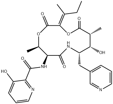 3-ヒドロキシ-N-[(2Z,5R,6S,9S,10S,11R)-10-ヒドロキシ-5,11-ジメチル-2-(1-メチルプロピリデン)-3,7,12-トリオキソ-9-(3-ピリジルメチル)-1,4-ジオキサ-8-アザシクロドデカ-6-イル]-2-ピリジンカルボアミド 化学構造式