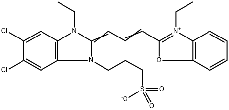 2-[3-[5,6-dichloro-1-ethyl-1,3-dihydro-3-(3-sulphonatopropyl)-2H-benzimidazol-2-ylidene]prop-1-enyl]-3-ethylbenzoxazolium,19163-98-5,结构式