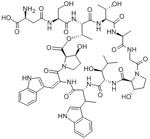 N-(L-βAsp-L-Ser-)シクロ(L-Thr*-L-aThr-L-Ala-Gly-L-t3Hyp-3-(1H-インドール-3-イル)Dha-β-メチル-L-Trp-4,4-ジメチル-L-aThr-L-c3Hyp-) 化学構造式