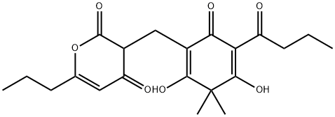 3-[[2,4-ジヒドロキシ-3,3-ジメチル-6-オキソ-5-(1-オキソブチル)-1,4-シクロヘキサジエン-1-イル]メチル]-6-プロピル-2H-ピラン-2,4(3H)-ジオン 化学構造式
