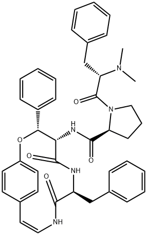 L-Prolinamide, N,N-dimethyl-L-phenylalanyl-N-(5,8-dioxo-3-phenyl-7-(ph enylmethyl)-2-oxa-6,9-diazabicyclo(10.2.2)hexadeca-10,12,14,15-tetraen -4-yl)-, (3R-(3R*,4S*,7S*))-, sulfamate 结构式