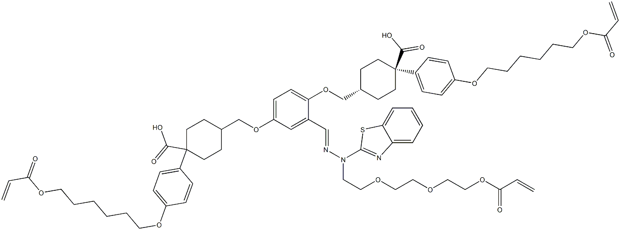 Cyclohexanecarboxylic acid, 4,4'-[[2-[(1E)-3-(2-benzothiazolyl)-13-oxo-6,9,12-trioxa-2,3-diazapentadeca-1,14-dien-1-yl]-1,4-phenylene]bis(oxymethylene)]bis-, 1,1'-bis[4-[[6-[(1-oxo-2-propen-1-yl)oxy]hexyl]oxy]phenyl] ester, (trans,trans)-,1958115-17-7,结构式