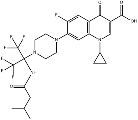 3-Quinolinecarboxylic acid, 1-cyclopropyl-6-fluoro-1,4-dihydro-4-oxo-7-[4-[2,2,2-trifluoro-1-[(3-Methyl-1-oxobutyl)aMino]-1-(trifluoroMethyl)ethyl]-1-piperazinyl]- Structure