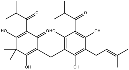 3,5-Dihydroxy-4,4-dimethyl-2-(1-oxoisobutyl)-6-[[5-(1-oxoisobutyl)-3-(3-methyl-2-butenyl)-2,4,6-trihydroxyphenyl]methyl]-2,5-cyclohexadiene-1-one Struktur