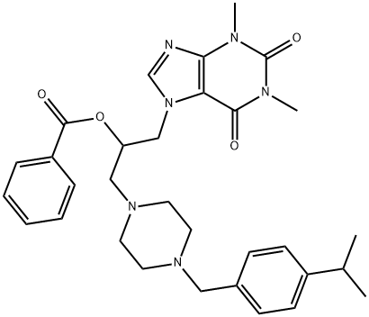 3-[4-(4-イソプロピルベンジル)-1-ピペラジニル]-1-(1,2,3,6-テトラヒドロ-2,6-ジオキソ-1,3-ジメチル-7H-プリン-7-イル)プロパン-2-オールベンゾアート 化学構造式