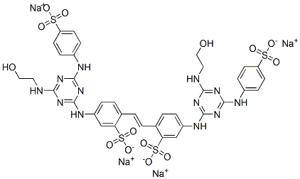 tetrasodium 5-[[4-(2-hydroxyethylamino)-6-[(4-sulfonatophenyl)amino]-1,3,5-triazin-2-yl]amino]-2-[(E)-2-[4-[[4-(2-hydroxyethylamino)-6-[(4-sulfonatophenyl)amino]-1,3,5-triazin-2-yl]amino]-2-sulfonato-phenyl]ethenyl]benzenesulfonate Struktur