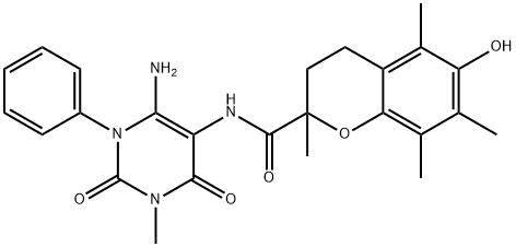 2H-1-Benzopyran-2-carboxamide,  N-(6-amino-1,2,3,4-tetrahydro-3-methyl-2,4-dioxo-1-phenyl-5-pyrimidinyl)-3,4-dihydro-6-hydroxy-2,5,7,8-tetramethyl- 结构式