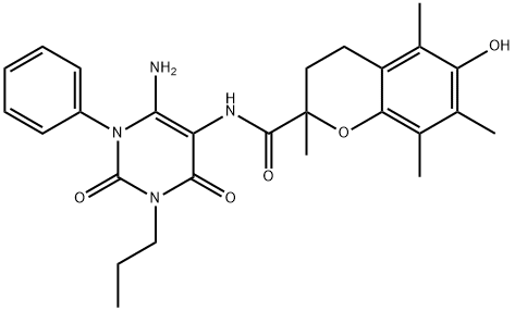 2H-1-Benzopyran-2-carboxamide,  N-(6-amino-1,2,3,4-tetrahydro-2,4-dioxo-1-phenyl-3-propyl-5-pyrimidinyl)-3,4-dihydro-6-hydroxy-2,5,7,8-tetramethyl-,204980-88-1,结构式