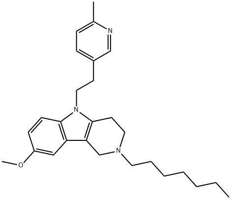 2,3,4,5-Tetrahydro-2-heptyl-8-methoxy-5-[2-(6-methyl-3-pyridyl)ethyl]-1H-pyrido[4,3-b]indole,20771-50-0,结构式